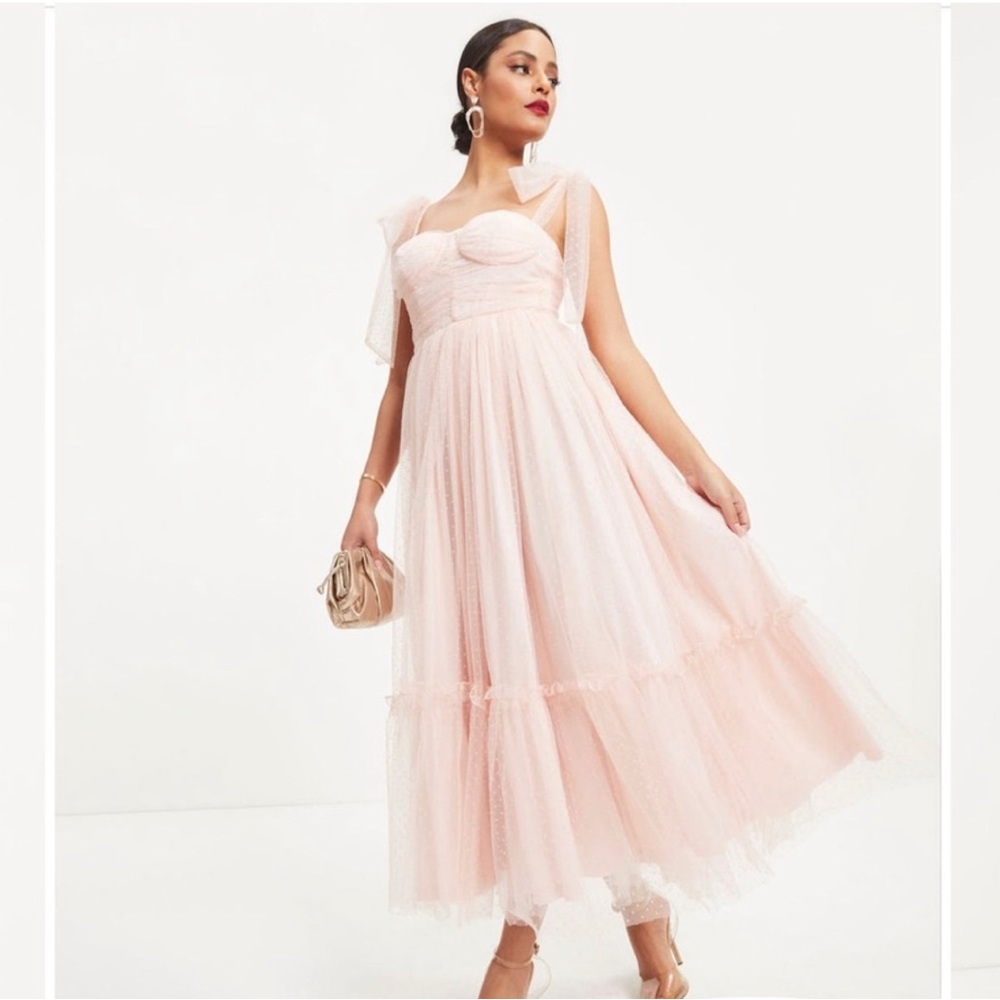 Blush tulle sweetheart midi shoulder bow tied dress